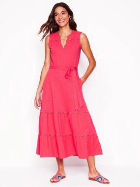 BODEN tara tiered pom pom trim maxi dress vacation pink playful size 8 US